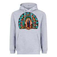 Heather Grey Lady Of Guadalupe Rainbow Heavyweight Hoodie - RanaPortraitStore