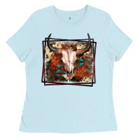 Baby Blue Western Bull Skull Ladies Tee - FaDigitalArtStudio