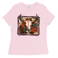 Bubblegum Pink Western Bull Skull Ladies Tee - FaDigitalArtStudio