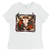 White Western Bull Skull Ladies Tee - FaDigitalArtStudio
