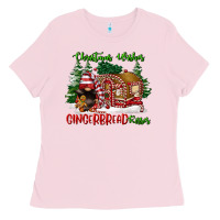 Bubblegum Pink christmas wishes gingerbread kisses Ladies Tee - FaDigitalArtStudio