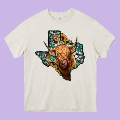 Texas Map Highland Cow Heavy Core Tee Designed By Jasminsmagicworld
