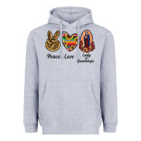 Heather Grey Peace Love Lady Of Guadalupe Heavyweight Hoodie - RanaPortraitStore