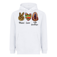 White Peace Love Lady Of Guadalupe Heavyweight Hoodie - RanaPortraitStore