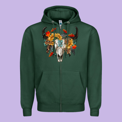 Fall Bull Skull Zipper Hoodie Designed By Ranaportraitstore