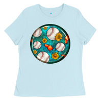 Baby Blue baseball with sunflower round earrings Ladies Tee - BundleAndBundleShop