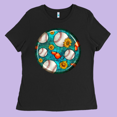 Baseball With Sunflower Round Earrings Ladies Tee Designed By Bundleandbundleshop