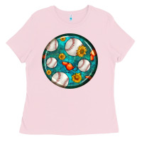 Bubblegum Pink baseball with sunflower round earrings Ladies Tee - BundleAndBundleShop