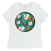 White baseball with sunflower round earrings Ladies Tee - BundleAndBundleShop
