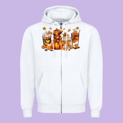 Fall Autumn Cow Pumpkin Coffee Cups Zipper Hoodie Designed By Ranaportraitstore