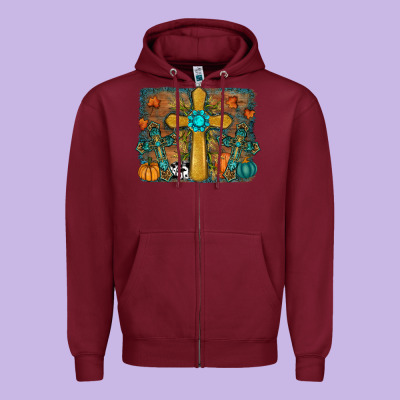 Fall Gemstone Cross Zipper Hoodie Designed By Ranaportraitstore