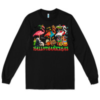 Black happy hallothanksmas flamingo Long Sleeve Tee - CowhideDigitalArt