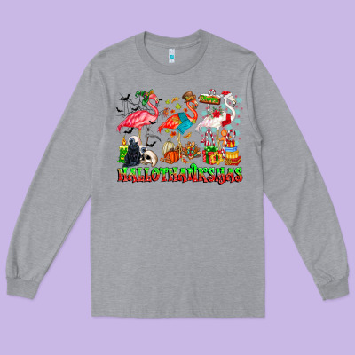 Happy Hallothanksmas Flamingo Long Sleeve Tee Designed By Cowhidedigitalart