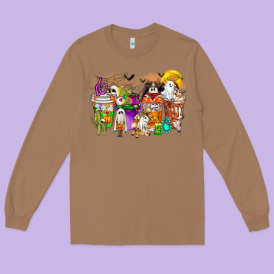 Halloween Western Boo Coffee Cups Long Sleeve Tee Designed By Cowhidedigitalart