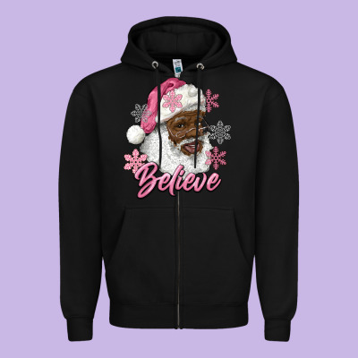 Pink Christmas African American Santa Believe Zipper Hoodie Designed By Ranaportraitstore