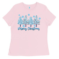 Bubblegum Pink merry christmas blue trees Ladies Tee - FaDigitalArtStudio