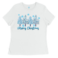 White merry christmas blue trees Ladies Tee - FaDigitalArtStudio