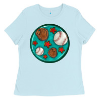 Baby Blue baseball with sunflower round earrings Ladies Tee - BundleAndBundleShop