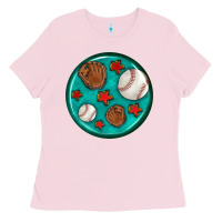 Bubblegum Pink baseball with sunflower round earrings Ladies Tee - BundleAndBundleShop