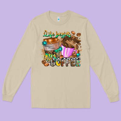 Life Begins After Coffee Long Sleeve Tee Designed By Cowhidedigitalart