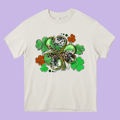 St. Patrick's Day Shamrock Leopard And Cowhide Heavy Core Tee Designed By Cowgirlartshop