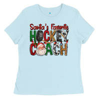 Baby Blue Santa's Favorite Hockey Coach For Christmas Ladies Tee - FaDigitalArtStudio