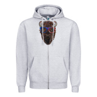 Heather Grey bison with american flag glasses Zipper Hoodie - RanaPortraitStore
