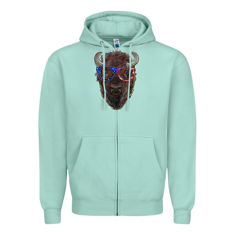 Bison With American Flag Glasses Zipper Hoodie by RanaPortraitStore | Teevron