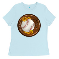 Baby Blue baseball with sunflower round earrings Ladies Tee - BundleAndBundleShop