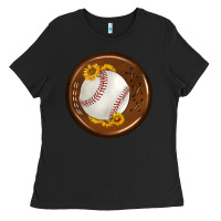 Black baseball with sunflower round earrings Ladies Tee - BundleAndBundleShop