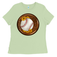 Baseball With Sunflower Round Earrings Ladies Tee | Teevron