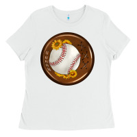 White baseball with sunflower round earrings Ladies Tee - BundleAndBundleShop