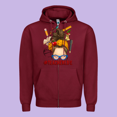 Messy Bun Teacher Life Zipper Hoodie Designed By Ranaportraitstore