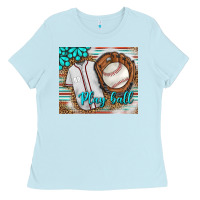Baby Blue Baseball Play Ball With Leopard Mousepad Ladies Tee - BundleAndBundleShop