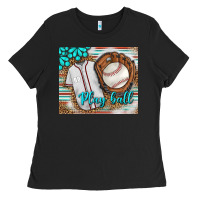 Baseball Play Ball With Leopard Mousepad Ladies Tee | Teevron