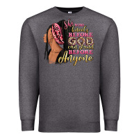 Charcoal Heather She who kneels before god can stand before anyone Premium Sweatshirt - RanaPortraitStore