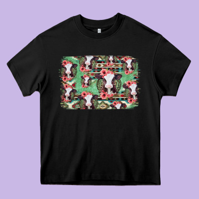 Baby Cow Floral Aztec Background Heavy Core Tee Designed By Jasminsmagicworld
