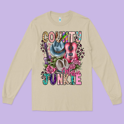 Country Music Junkie Long Sleeve Tee Designed By Cowhidedigitalart