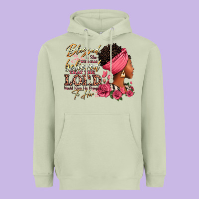 Blessed Is She Who Has Believed Afro Woman Heavyweight Hoodie Designed By Ranaportraitstore