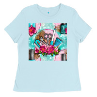 Baby Blue nail tools and polish with flowers and tooled leather seamless pattern Ladies Tee - BundleAndBundleShop