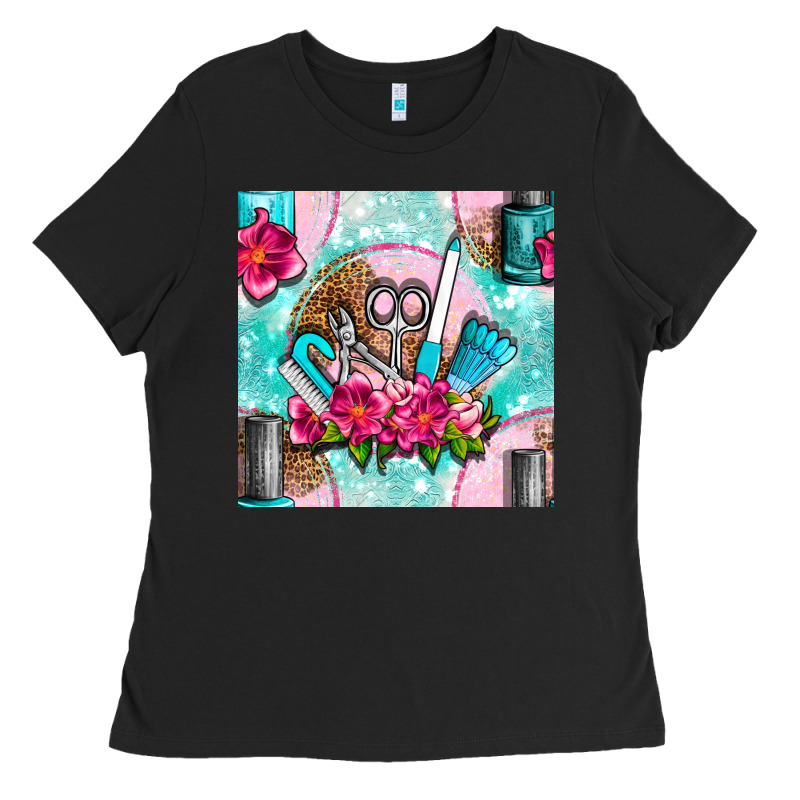 Nail Tools And Polish With Flowers And Tooled Leather Seamless Pattern Ladies Tee by BundleAndBundleShop | Teevron