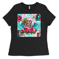 Black nail tools and polish with flowers and tooled leather seamless pattern Ladies Tee - BundleAndBundleShop