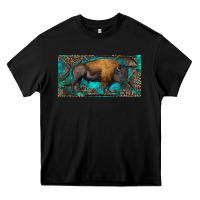 Black Bison with leopard and turquoise Heavy Core Tee - RanaPortraitStore