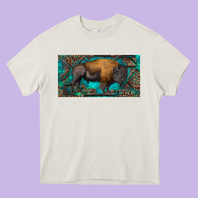 Bison With Leopard And Turquoise Heavy Core Tee Designed By Ranaportraitstore