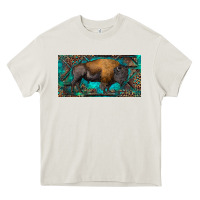 Cream Bison with leopard and turquoise Heavy Core Tee - RanaPortraitStore
