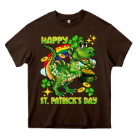 Chocolate Brown Happy St. Patrick's Day T-rex Heavy Core Tee - CowGirlArtShop