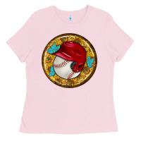 Bubblegum Pink baseball with sunflower round earrings Ladies Tee - BundleAndBundleShop