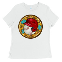 White baseball with sunflower round earrings Ladies Tee - BundleAndBundleShop