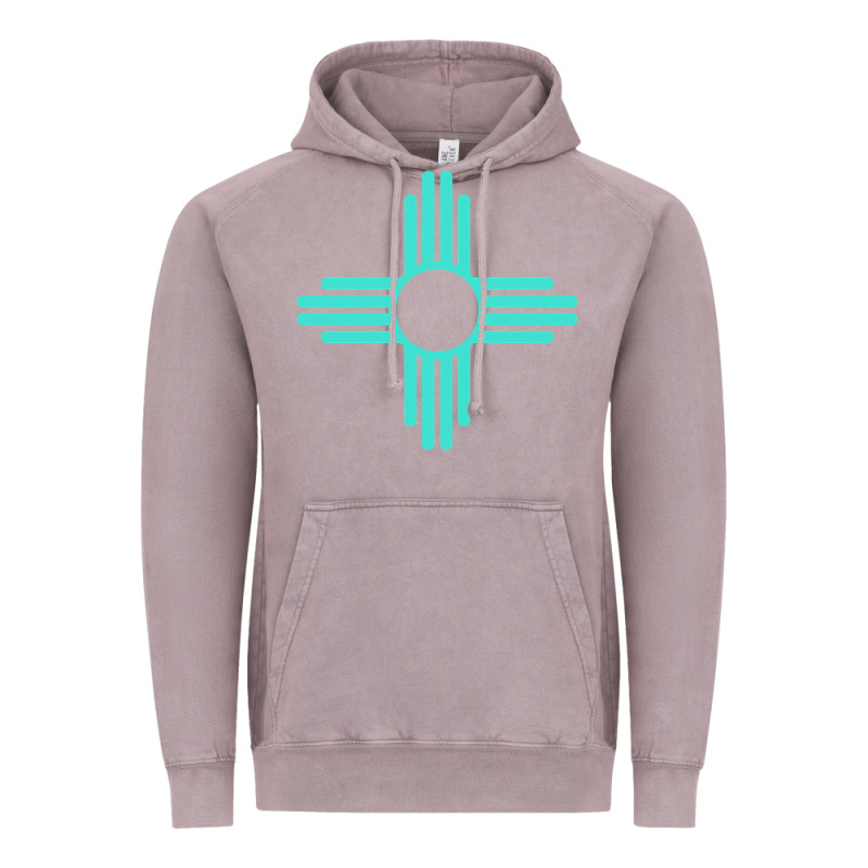 New Mexico Zia Sun In Turquoise Blue Vintage Hoodie by PixelFlow | Teevron