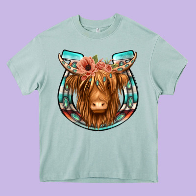 Highland Cow Serape Floral Headband Horseshoe Heavy Core Tee Designed By Jasminsmagicworld